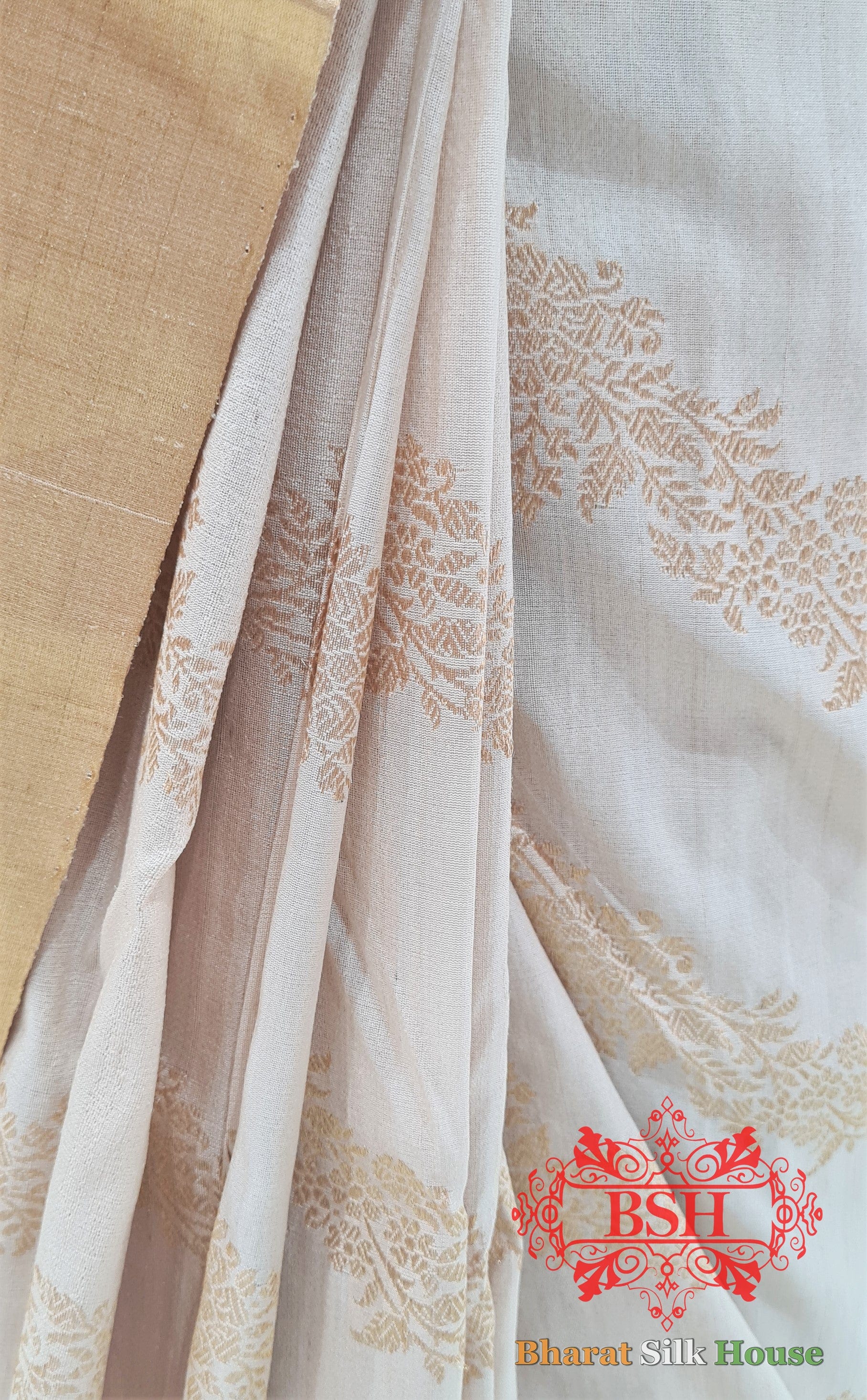 Off White  Tussar Moonga Silk Handloom Saree With Zari Border Tussar Bharat Silk House