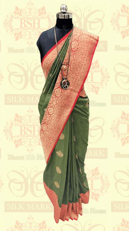 Olive Green Pure Tussar Moonga Silk Handloom Sare With Zari Border Tussar Bharat Silk House