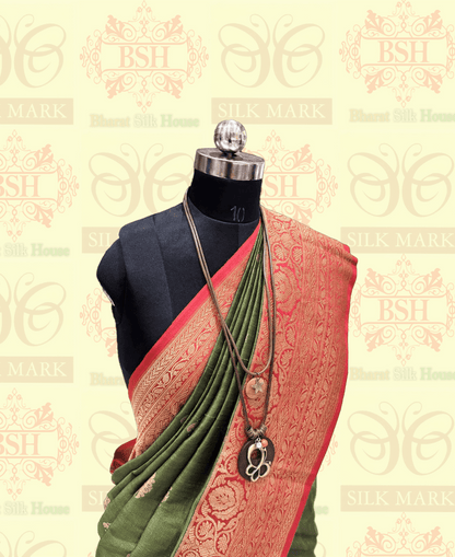 Olive Green Pure Tussar Moonga Silk Handloom Sare With Zari Border Tussar Bharat Silk House