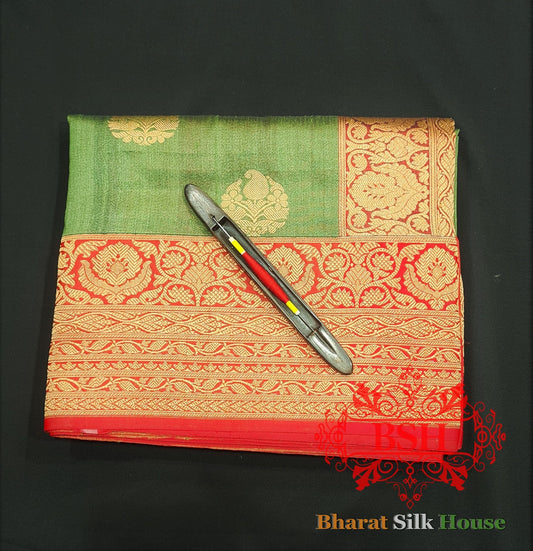 Olive Green Pure Tussar Moonga Silk Handloom Sare With Zari Border Tussar Bharat Silk House