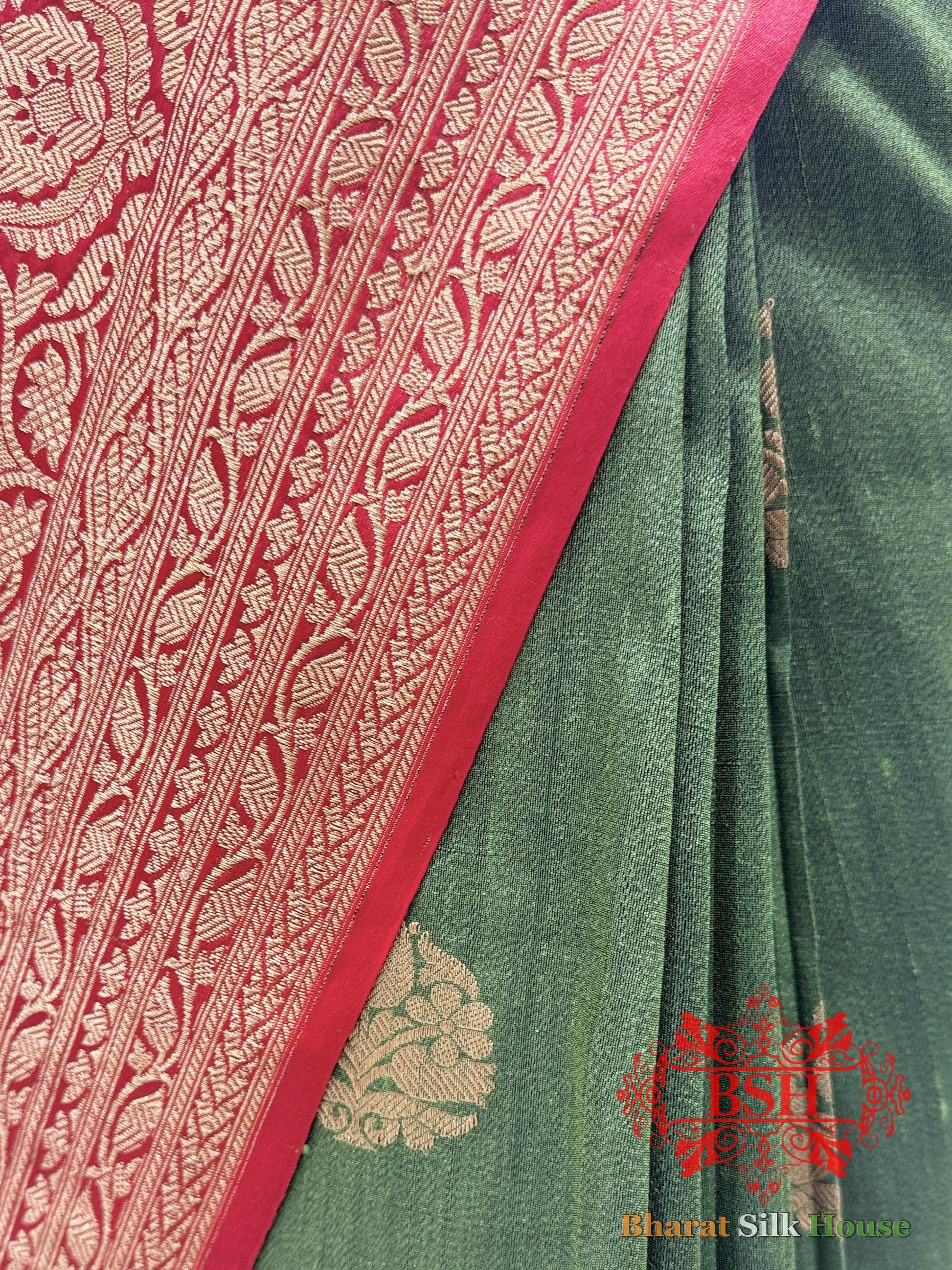 Olive Green Pure Tussar Moonga Silk Handloom Sare With Zari Border Tussar Bharat Silk House