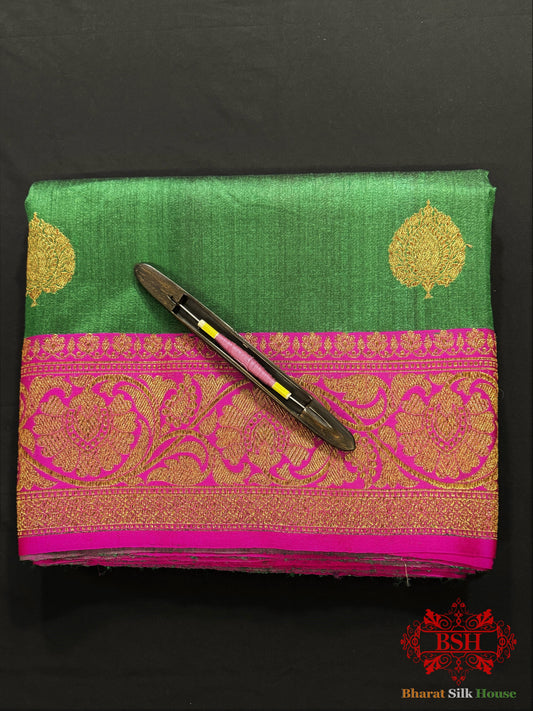 Pine Green Green Pure Tussar Moonga Silk Handloom Saree With Zari Border Tussar Bharat Silk House