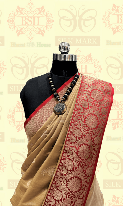 Reddish Brown Pure Tussar Moonga Silk Handloom Sare With Zari Border Tussar Bharat Silk House