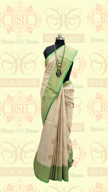 Shades Of Off White Pure Tussar Moonga Silk Handloom Saree With Zari Border Tussar Bharat Silk House