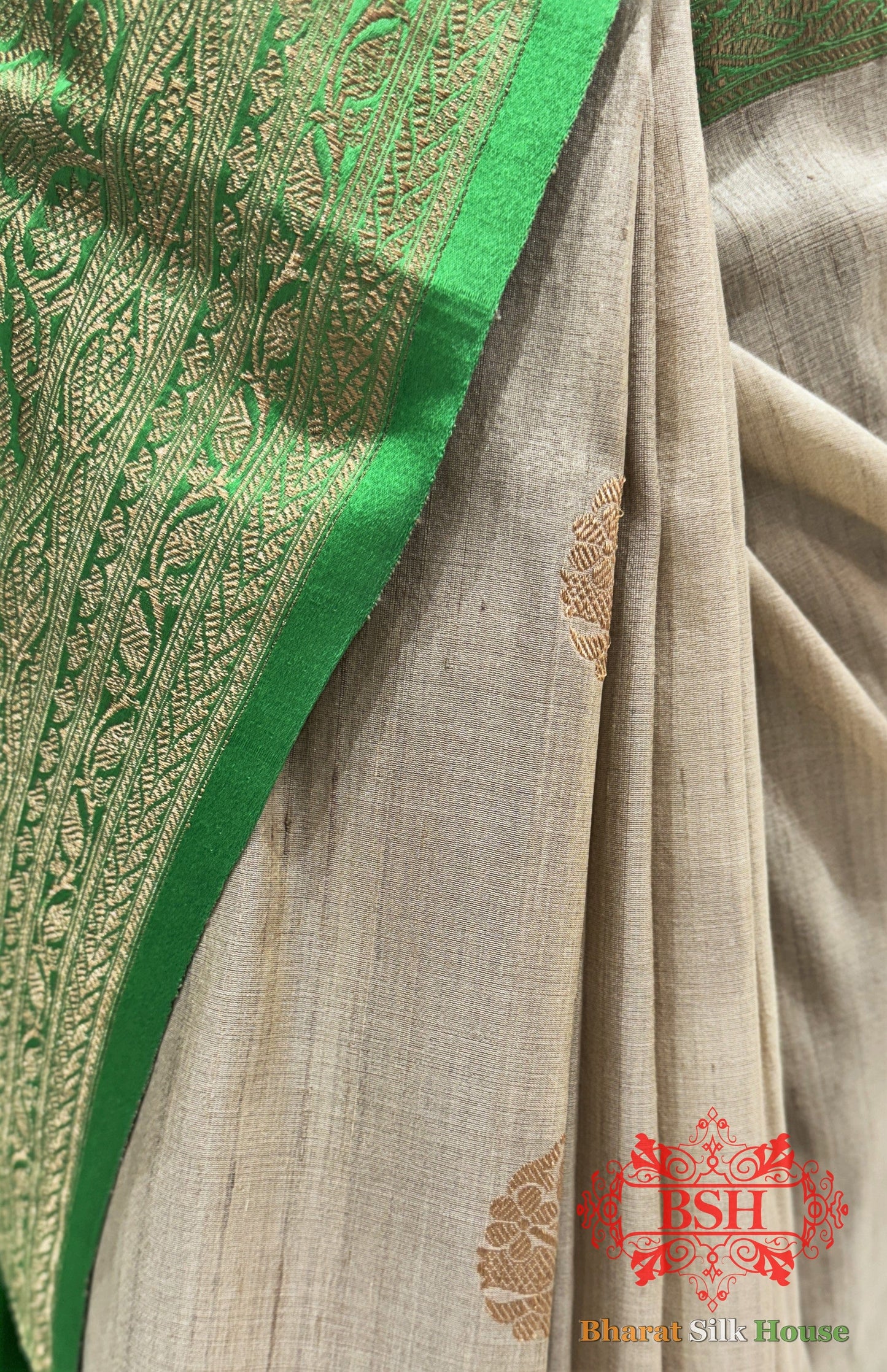 Shades Of Off White Pure Tussar Moonga Silk Handloom Saree With Zari Border Tussar Bharat Silk House