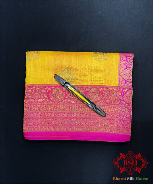 Yellow Pure Tussar Moonga Silk Handloom Saree With Zari Border Tussar Bharat Silk House