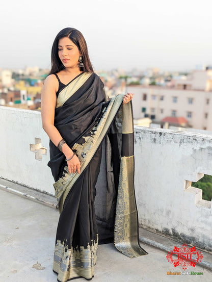 Black Banaras Ghats Weaved Silk Saree - Bharat Silk House