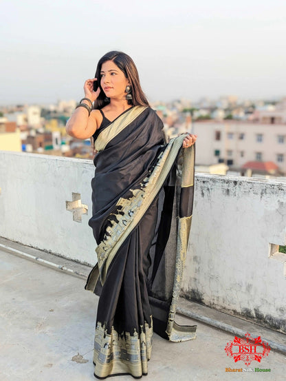 Black Banaras Ghats Weaved Silk Saree - Bharat Silk House