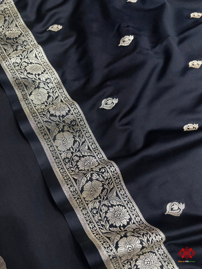 Black Mashru Silk All Over Booti With Jaal Blouse Design Saree - Bharat Silk House Mashroo Silk