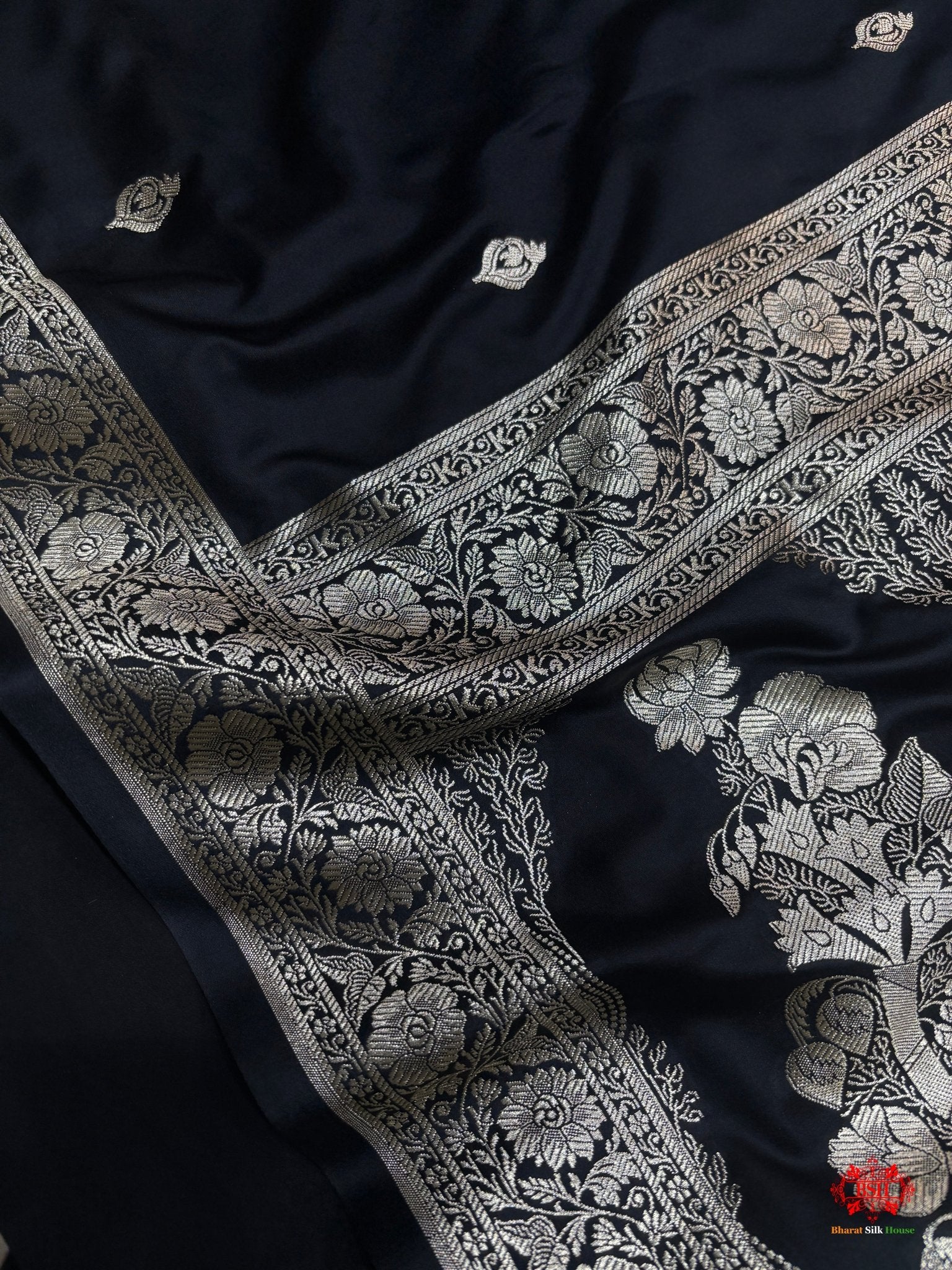 Black Mashru Silk All Over Booti With Jaal Blouse Design Saree - Bharat Silk House Mashroo Silk