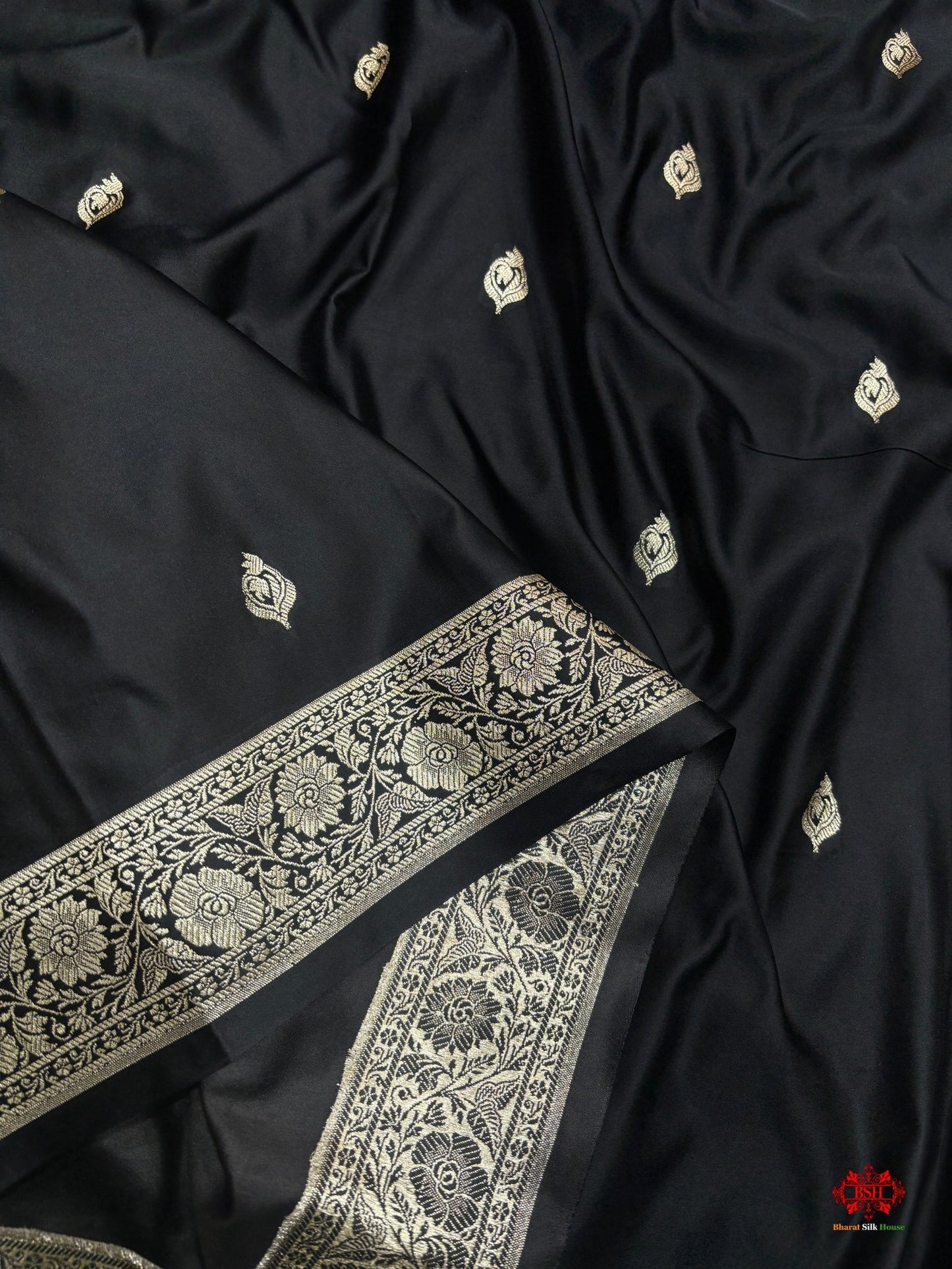 Black Mashru Silk All Over Booti With Jaal Blouse Design Saree - Bharat Silk House Mashroo Silk