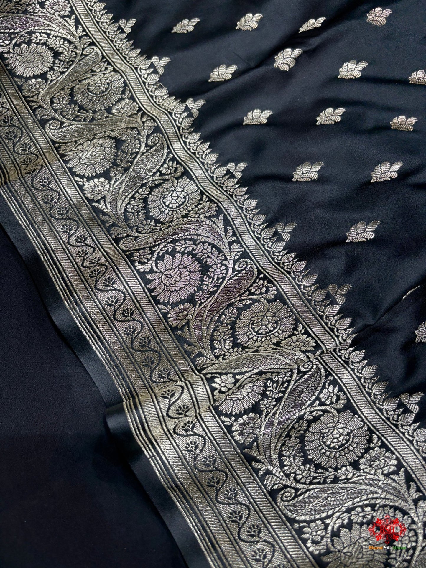 Black Mashru Silk Saree All Over Booti With Plain Blouse - Bharat Silk House Mashroo Silk