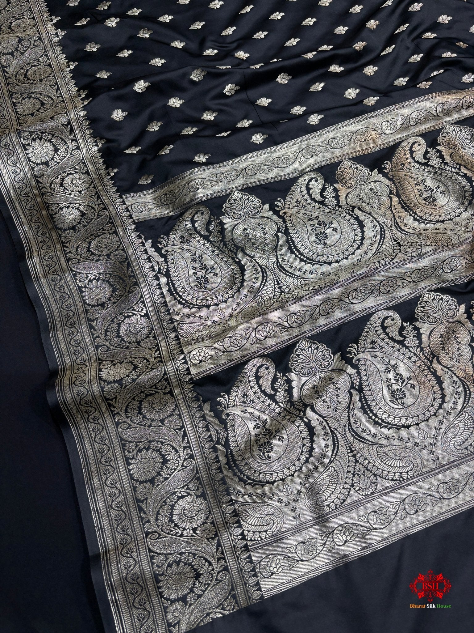 Black Mashru Silk Saree All Over Booti With Plain Blouse - Bharat Silk House Mashroo Silk