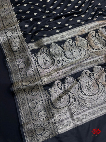 Black Mashru Silk Saree All Over Booti With Plain Blouse - Bharat Silk House Mashroo Silk