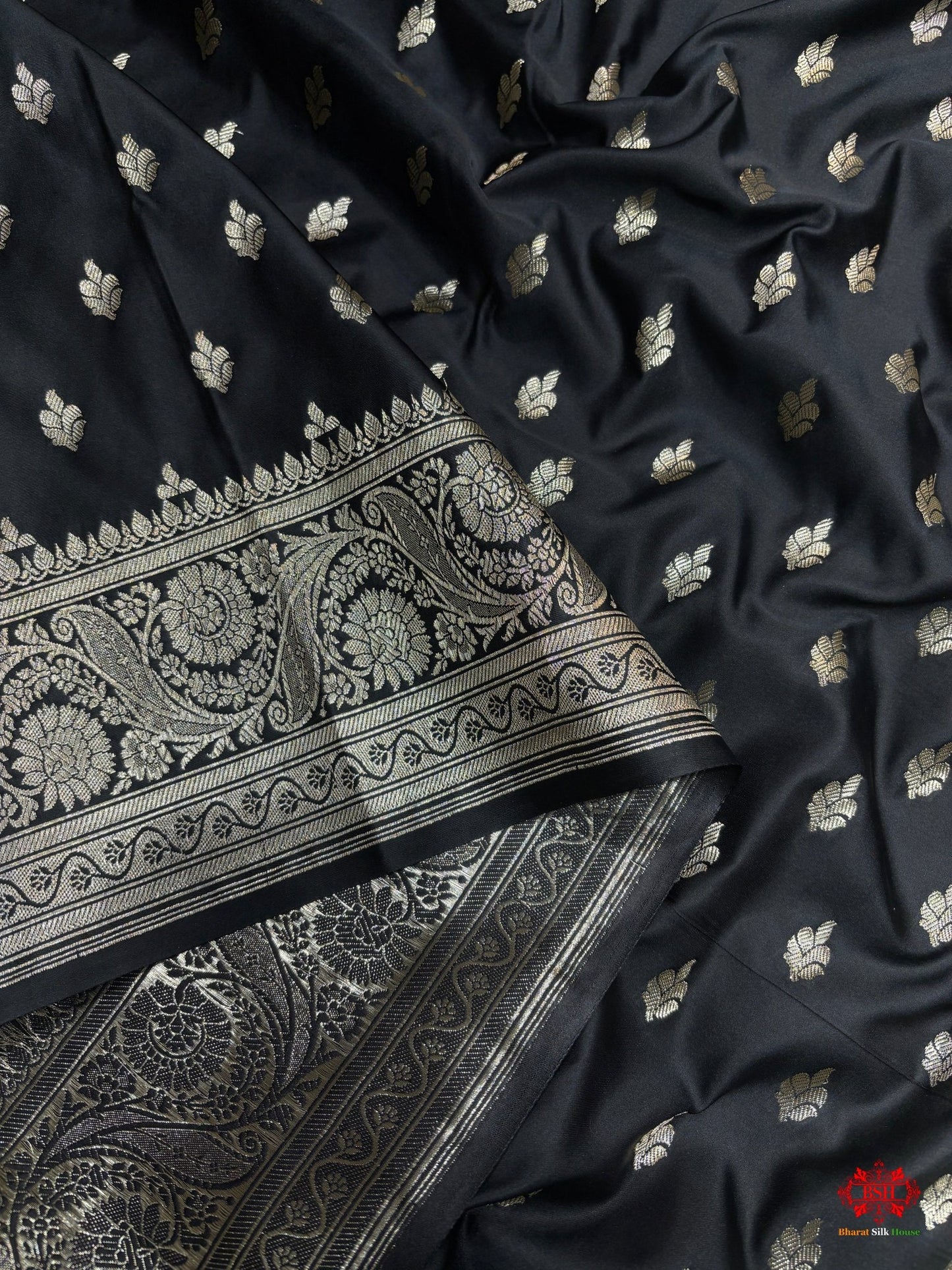 Black Mashru Silk Saree All Over Booti With Plain Blouse - Bharat Silk House Mashroo Silk