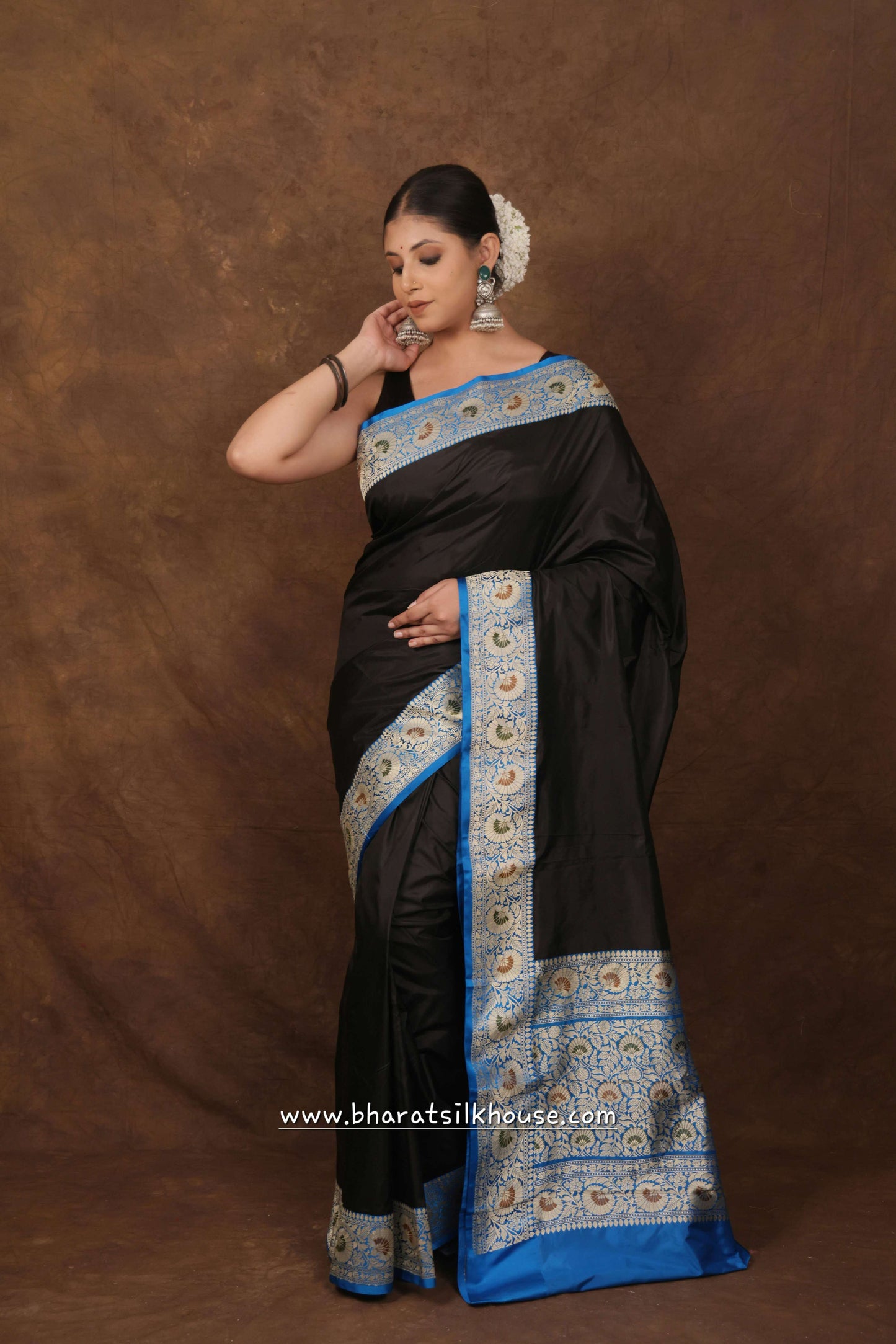 Black Pure Katan Silk Banarasi Saree - Bharat Silk House