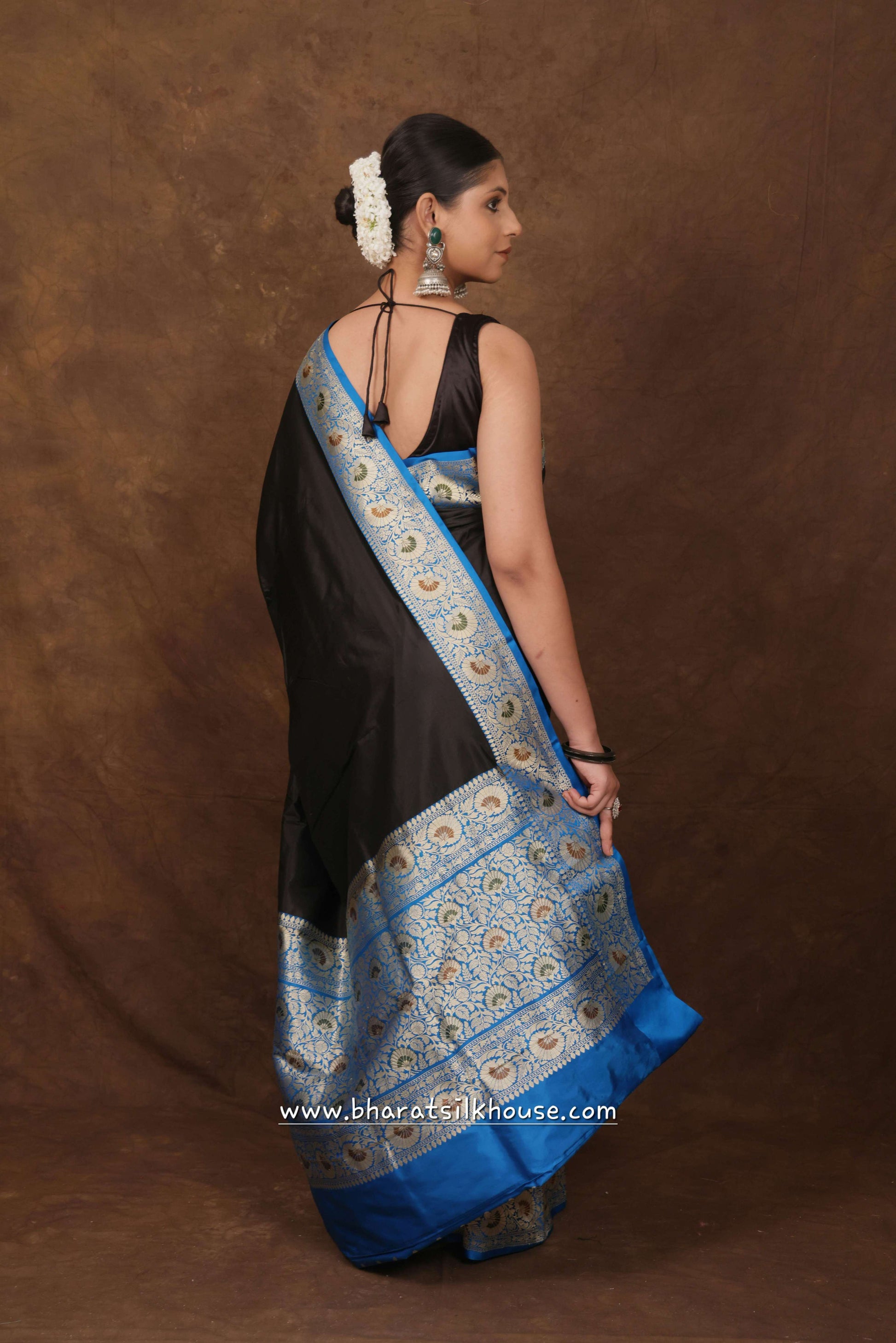 Black Pure Katan Silk Banarasi Saree - Bharat Silk House