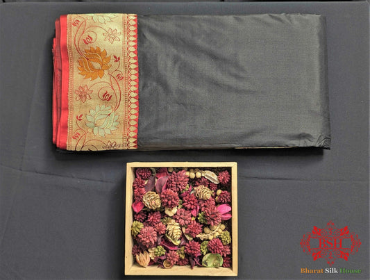 Black Pure Katan Silk Banarasi Saree - Bharat Silk House