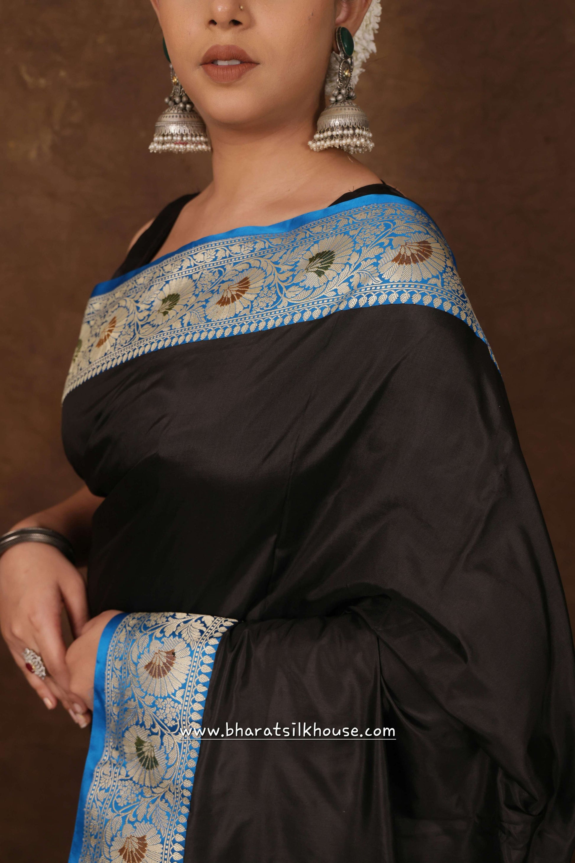 Black Pure Katan Silk Banarasi Saree - Bharat Silk House