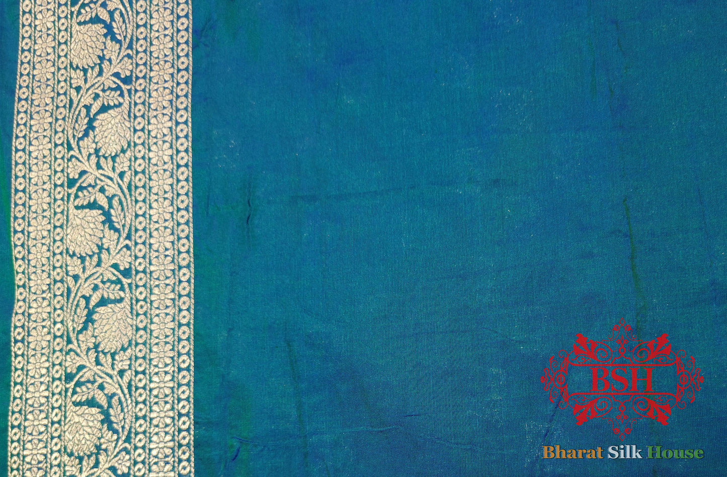 Blue/Green Cross Color Pure Katan Silk Handwoven Banarasi Saree - Bharat Silk House