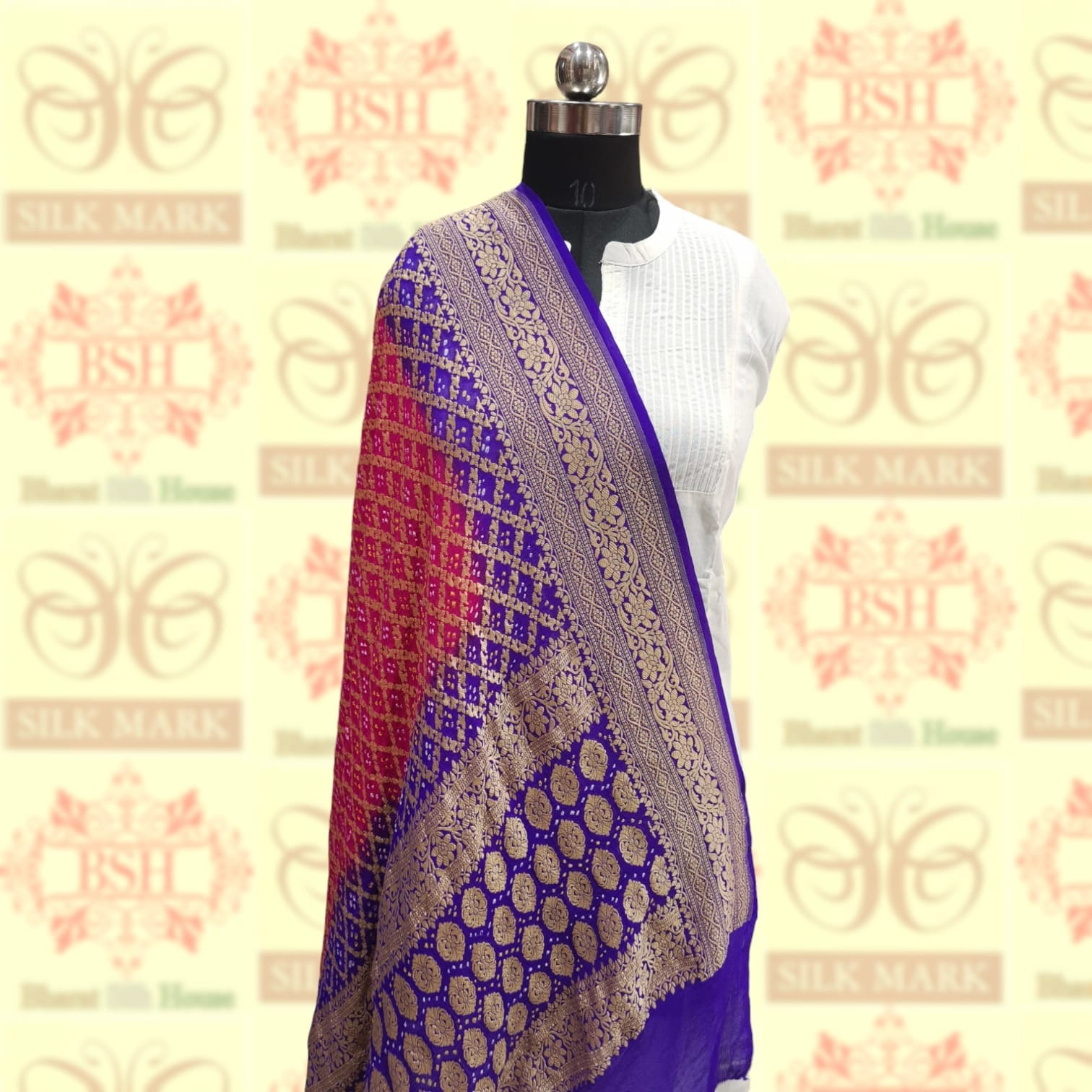 Blue/Pink Georgette Banarasi Handloom Bandhani Dupatta - Bharat Silk House