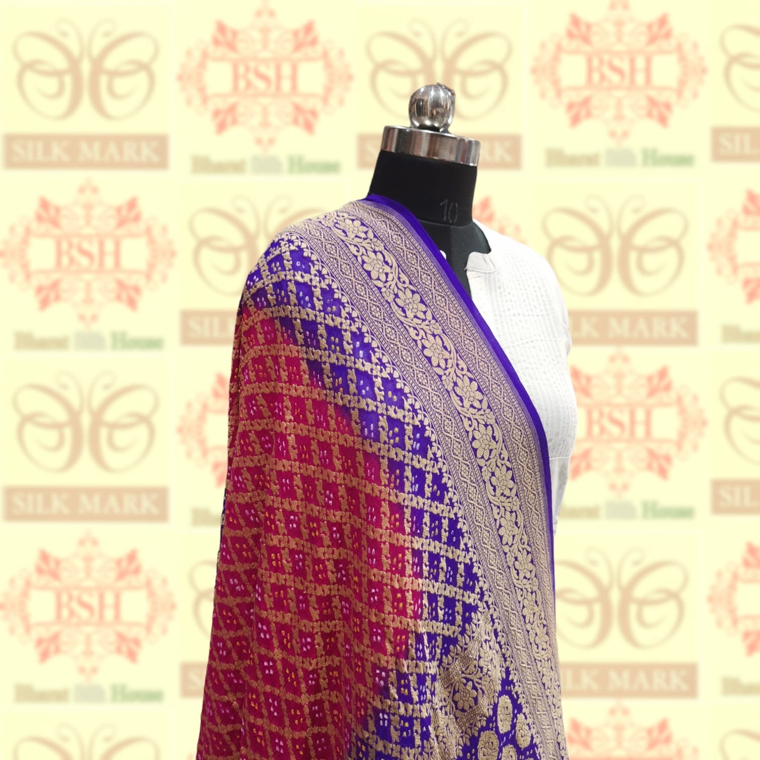 Blue/Pink Georgette Banarasi Handloom Bandhani Dupatta - Bharat Silk House