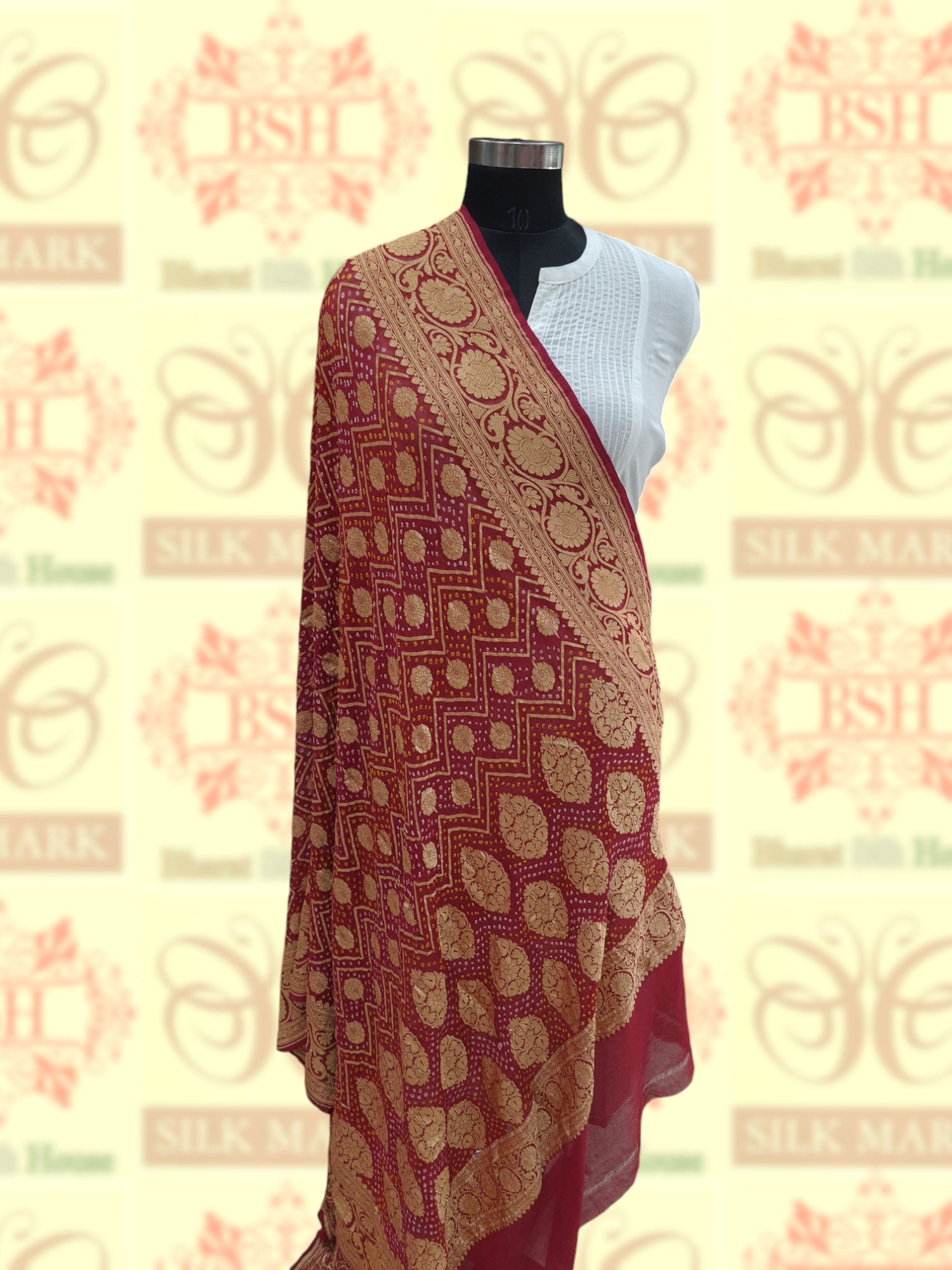 Brown/Red Georgette Banarasi Handloom Bandhani Dupatta - Bharat Silk House