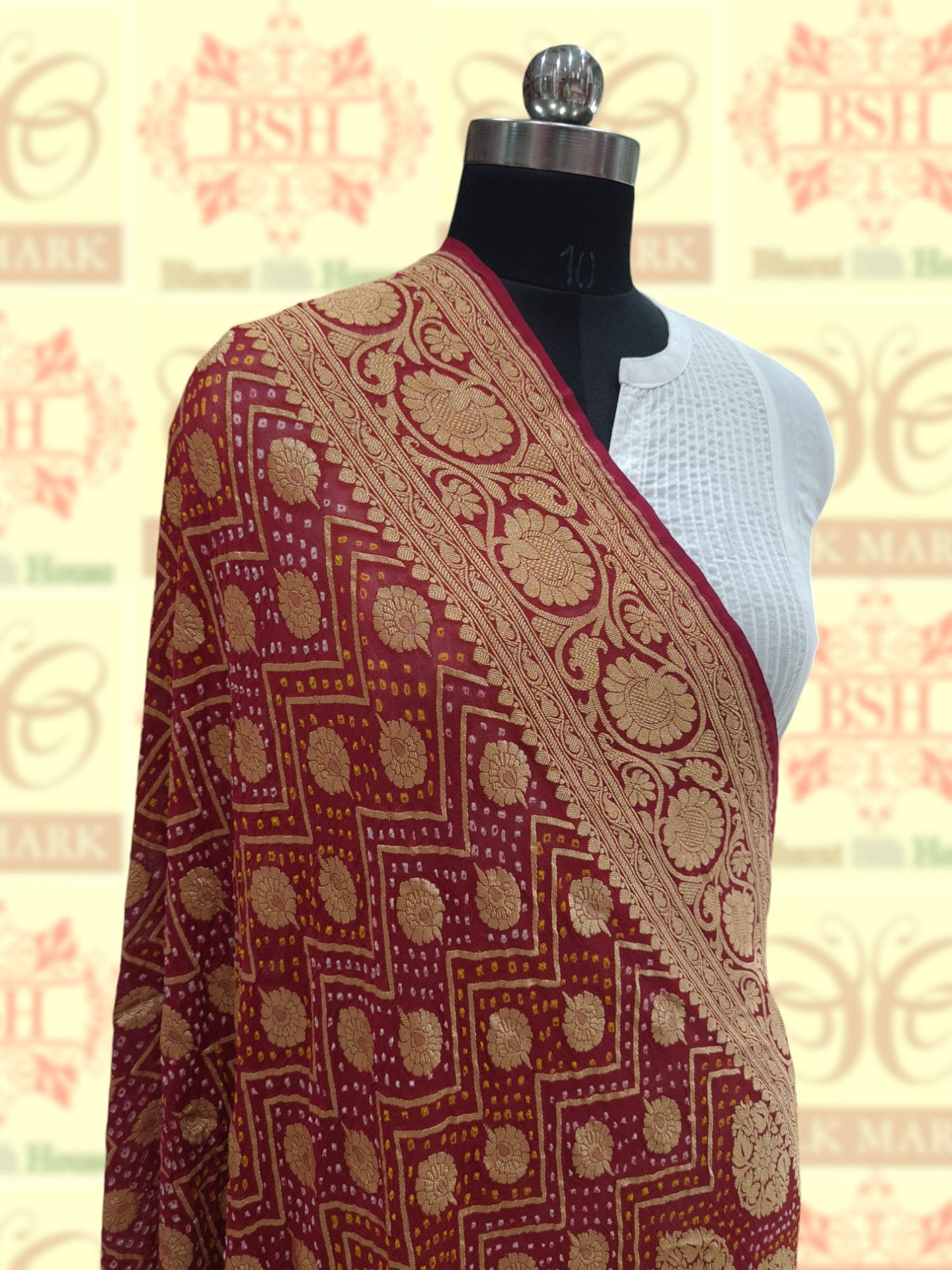 Brown/Red Georgette Banarasi Handloom Bandhani Dupatta - Bharat Silk House