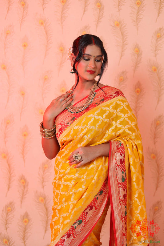 Canary Yellow Pure Banarasi Khaddi Chiffon Saree - Bharat Silk House