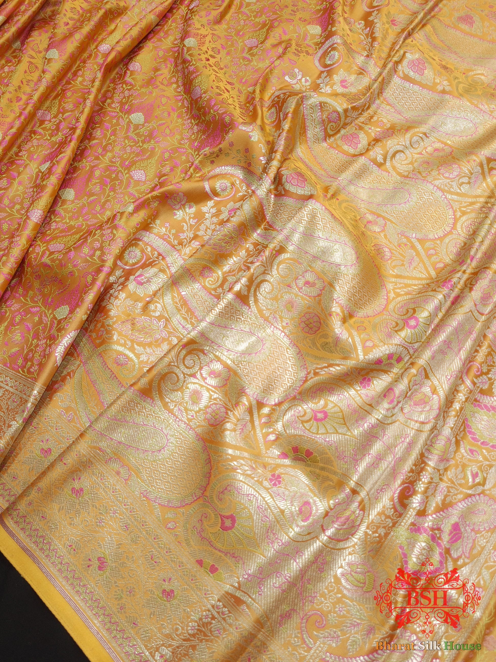 Carrot Orange Dohri Resham Zari Booti Tanchoi Silk Saree - Bharat Silk House