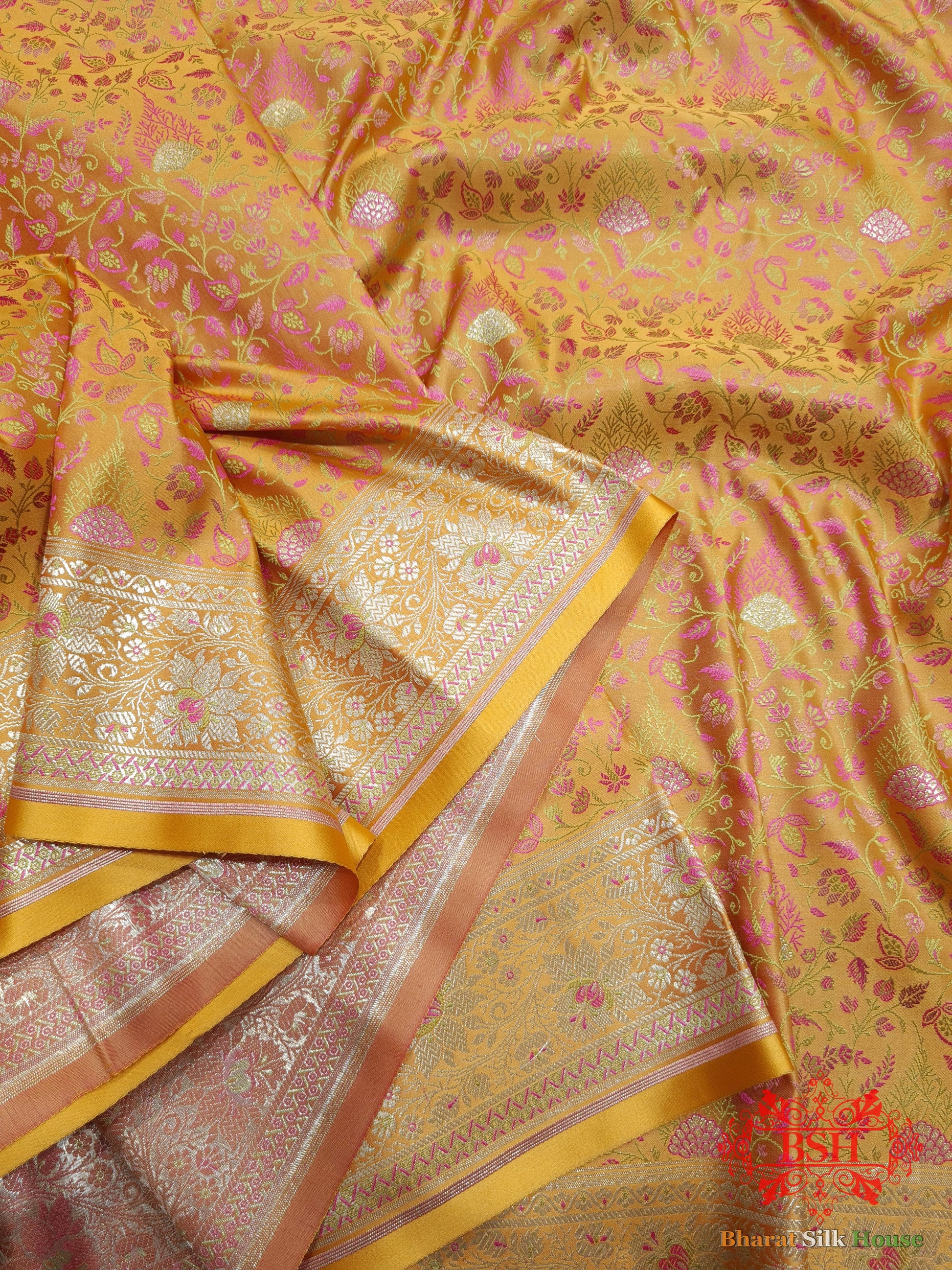 Carrot Orange Dohri Resham Zari Booti Tanchoi Silk Saree - Bharat Silk House