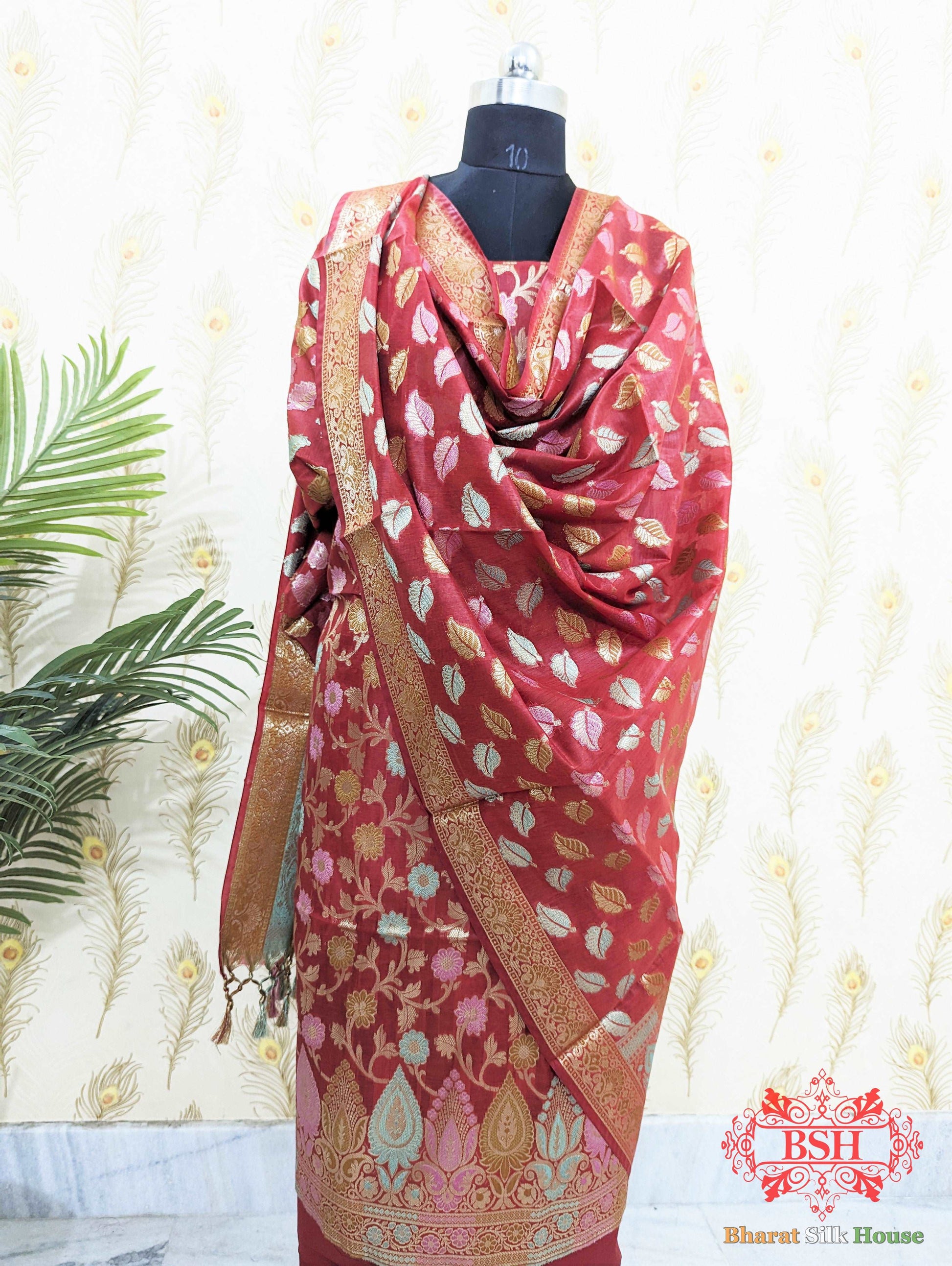 Cherry Red Banarasi Cotton Suit Set - Bharat Silk House