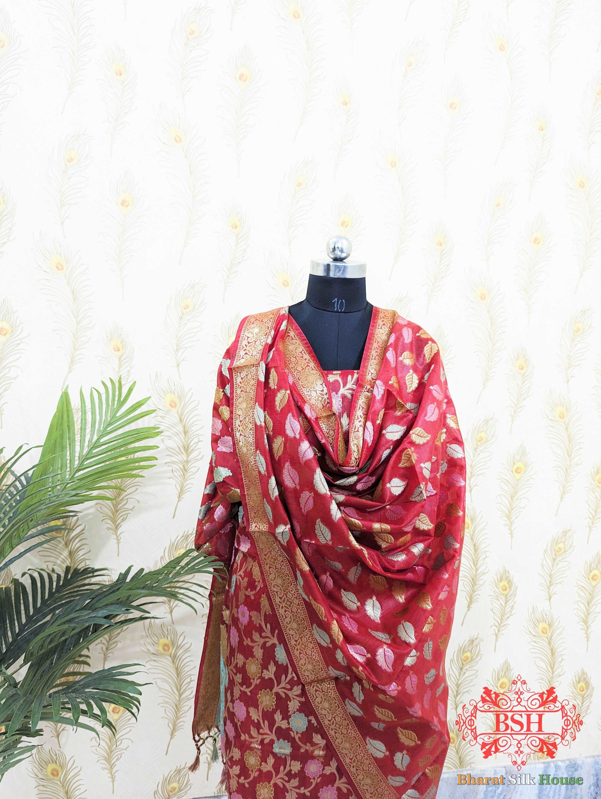 Cherry Red Banarasi Cotton Suit Set - Bharat Silk House