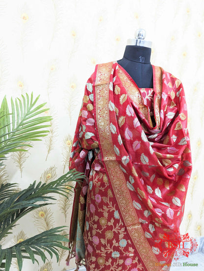 Cherry Red Banarasi Cotton Suit Set - Bharat Silk House