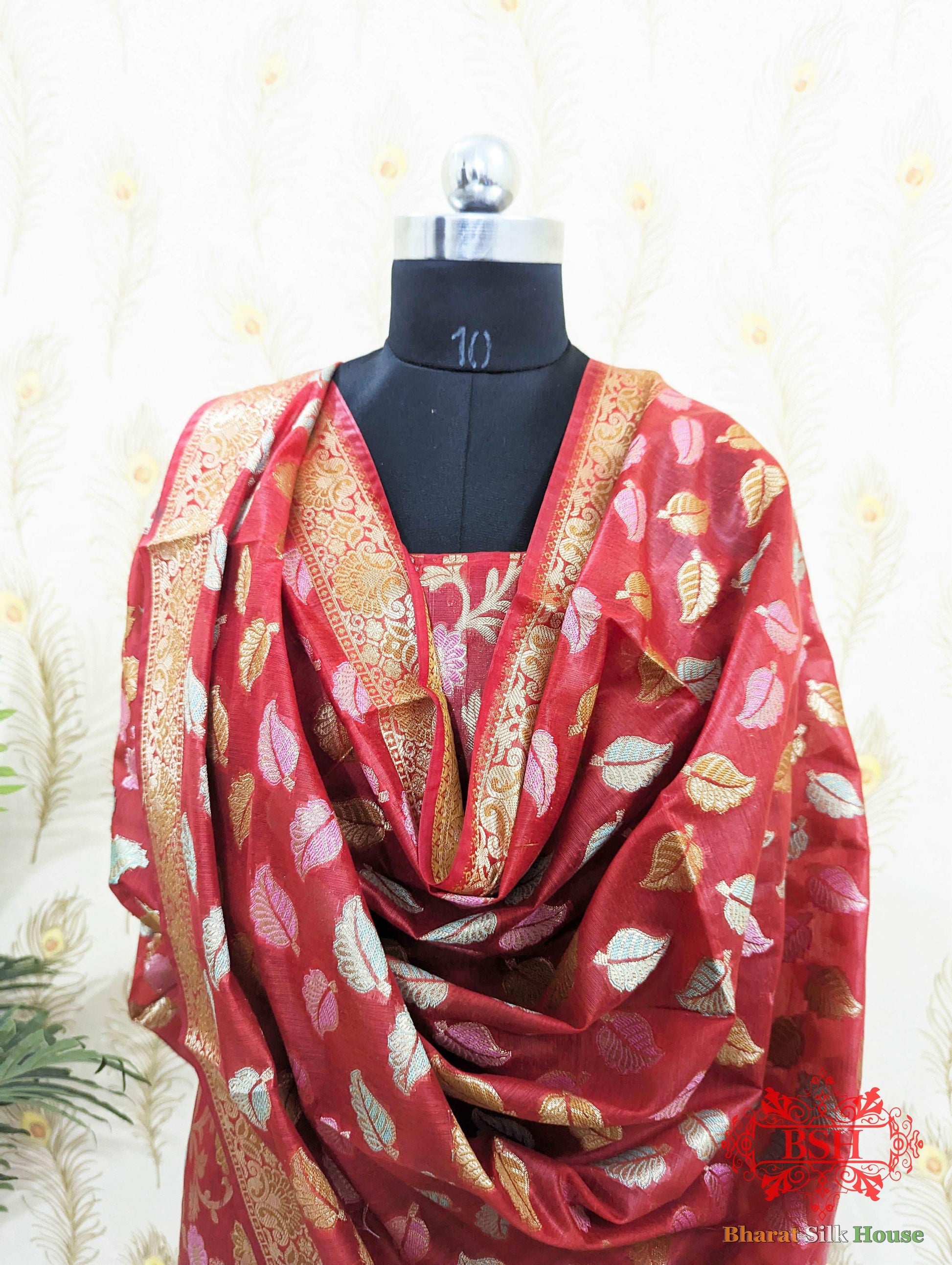 Cherry Red Banarasi Cotton Suit Set - Bharat Silk House