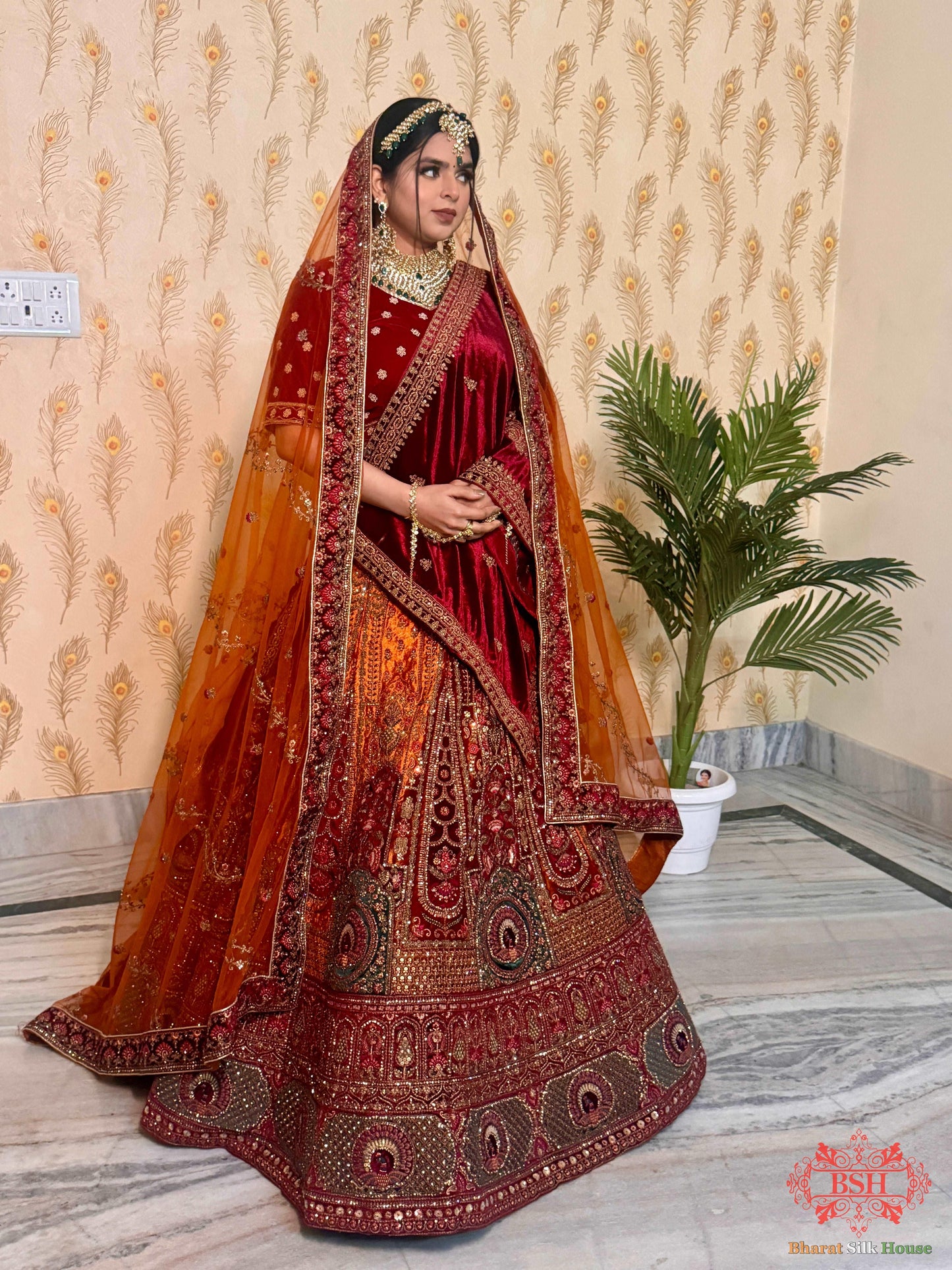 Cherry Red & Fire Yellow Rhinestone Work Bridal Lehenga - Bharat Silk House