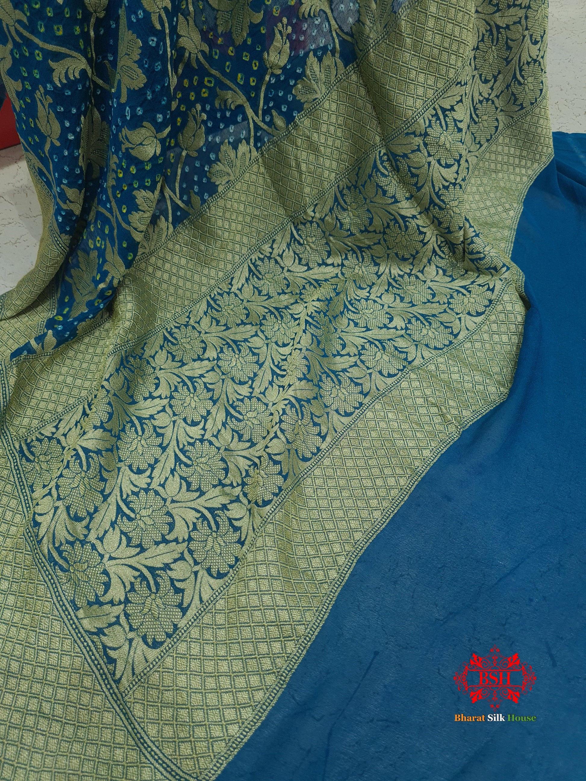 Cobalt Blue Georgette Banarasi Handloom Bandhani Dupatta - Bharat Silk House