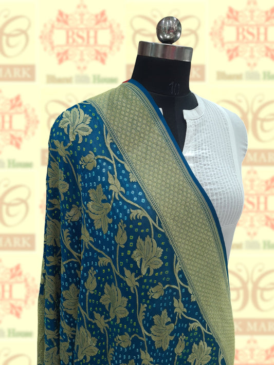 Cobalt Blue Georgette Banarasi Handloom Bandhani Dupatta - Bharat Silk House