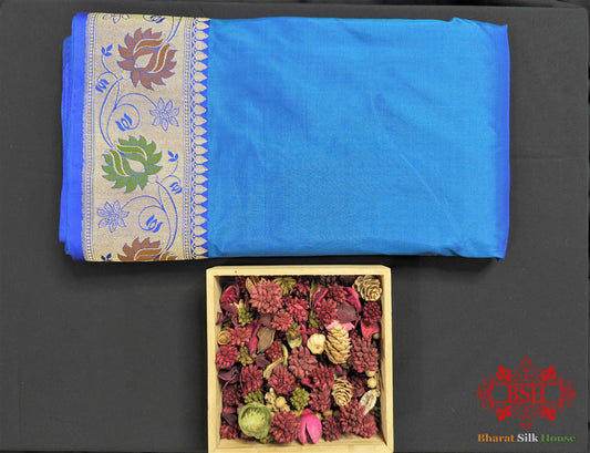 Cobalt Blue Pure Katan Silk Banarasi Saree - Bharat Silk House