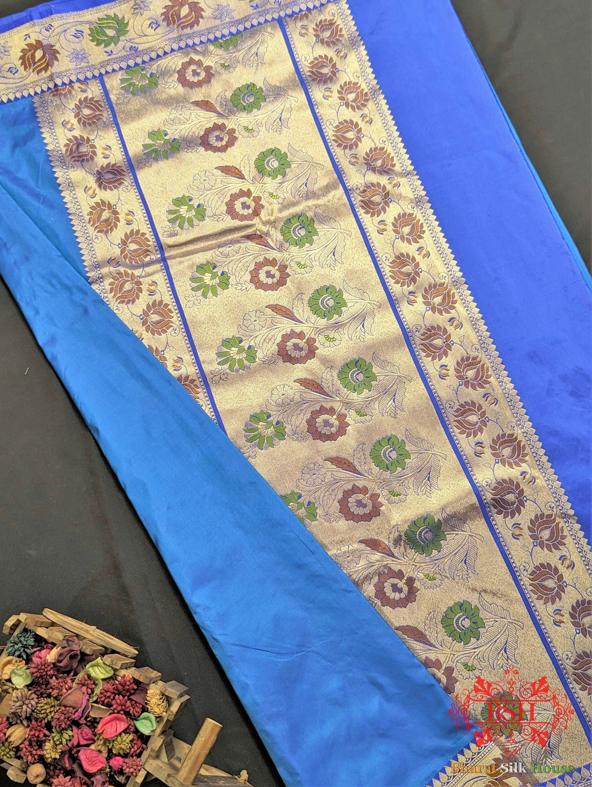 Cobalt Blue Pure Katan Silk Banarasi Saree - Bharat Silk House