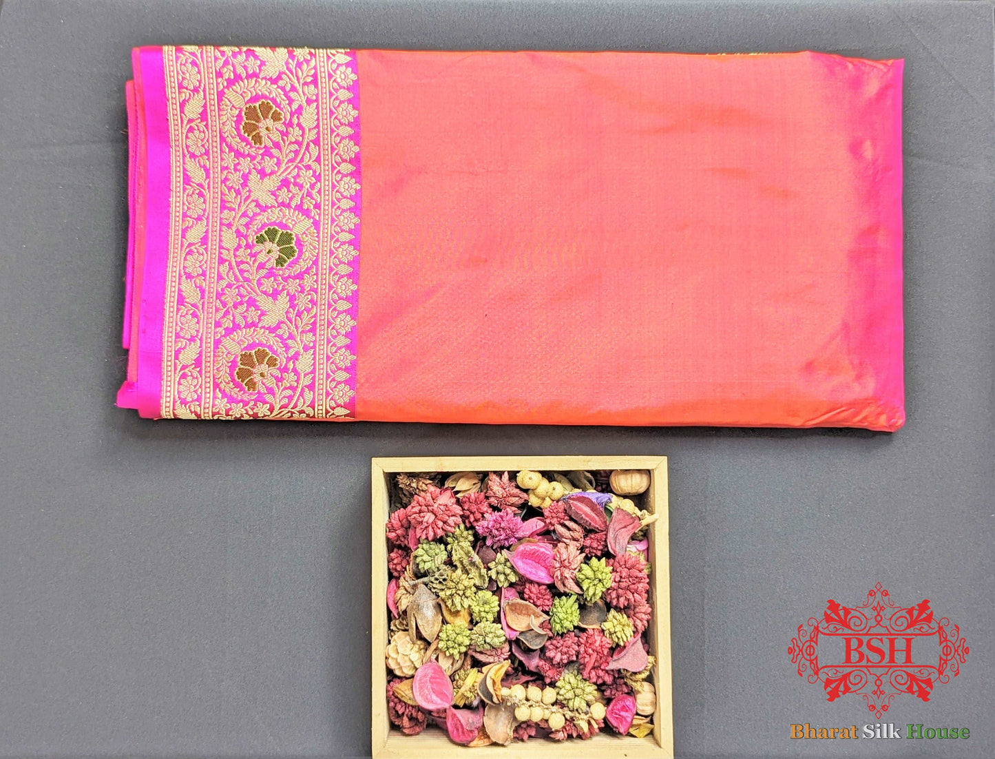 Coral Pink Katan Silk Banarasi Handloom Saree - Bharat Silk House