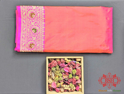 Coral Pink Katan Silk Banarasi Handloom Saree - Bharat Silk House