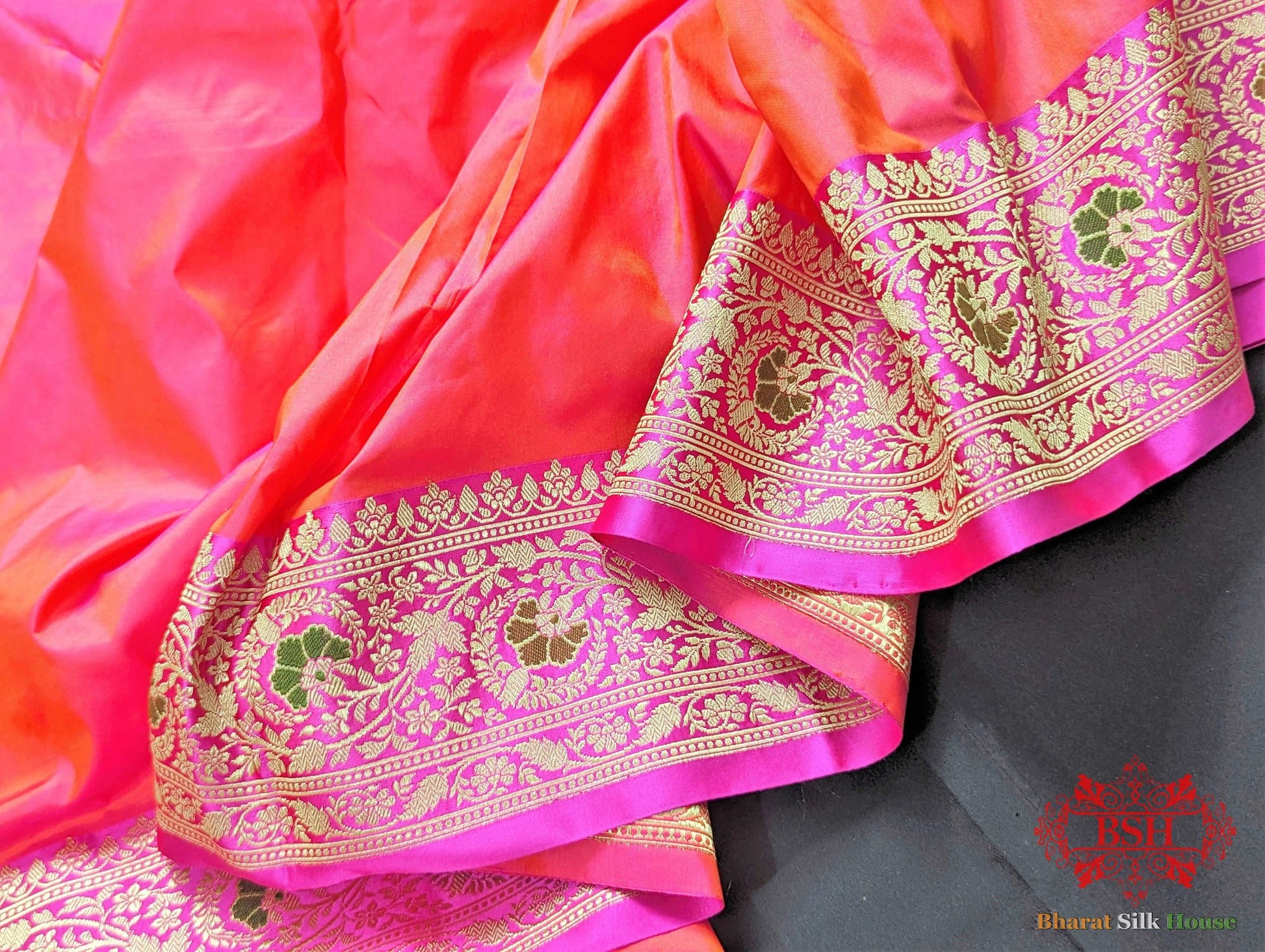 Coral Pink Katan Silk Banarasi Handloom Saree - Bharat Silk House