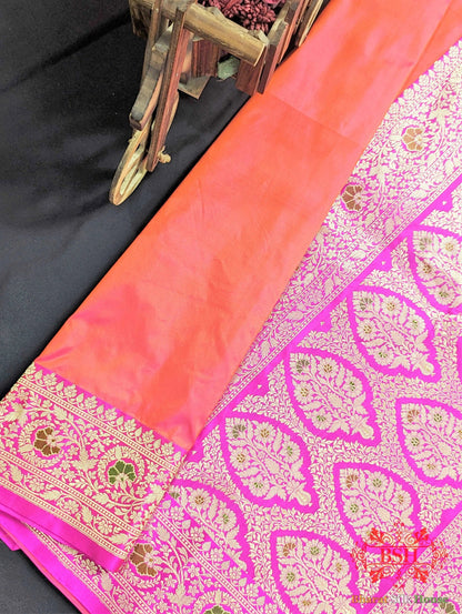 Coral Pink Katan Silk Banarasi Handloom Saree - Bharat Silk House