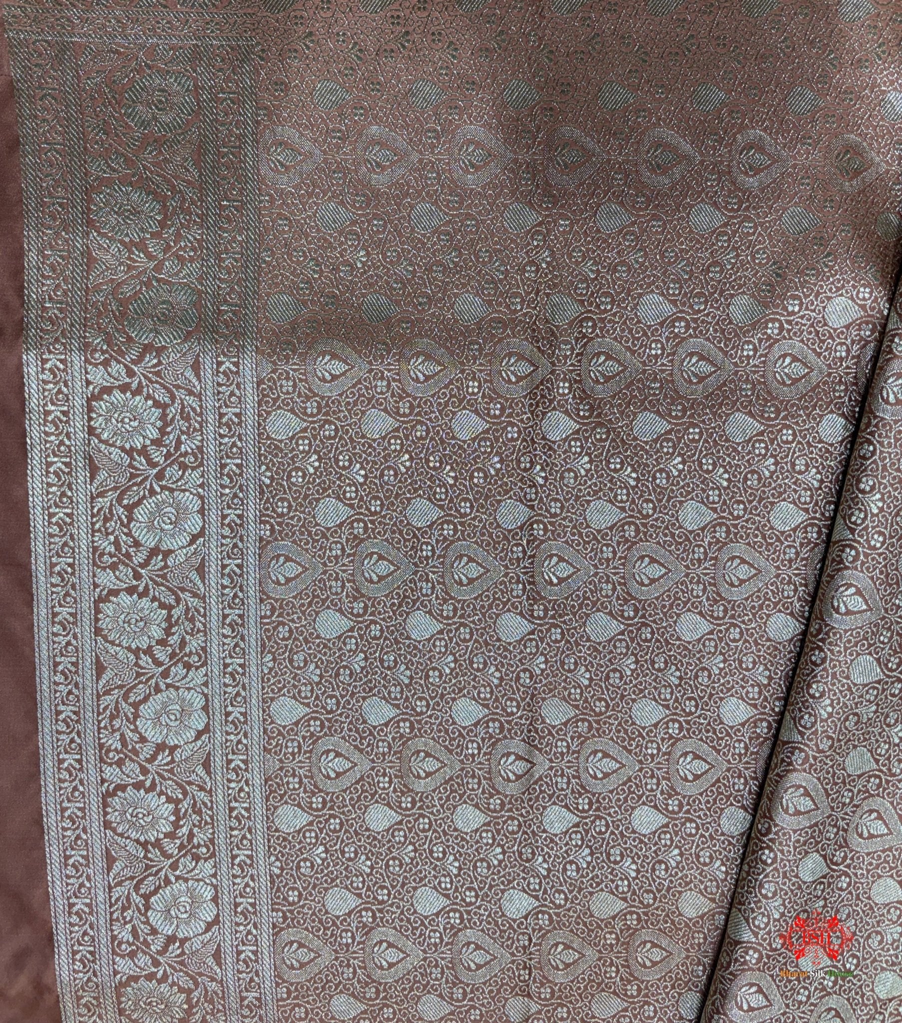 Coral Pink Mashru Silk All Over Booti With Jaal Blouse Design Saree - Bharat Silk House Mashroo Silk