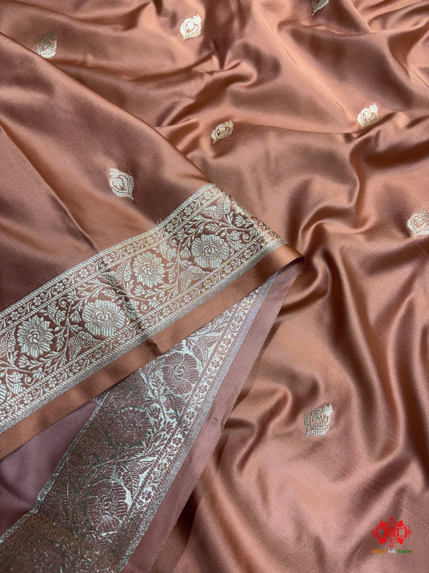 Coral Pink Mashru Silk All Over Booti With Jaal Blouse Design Saree - Bharat Silk House Mashroo Silk