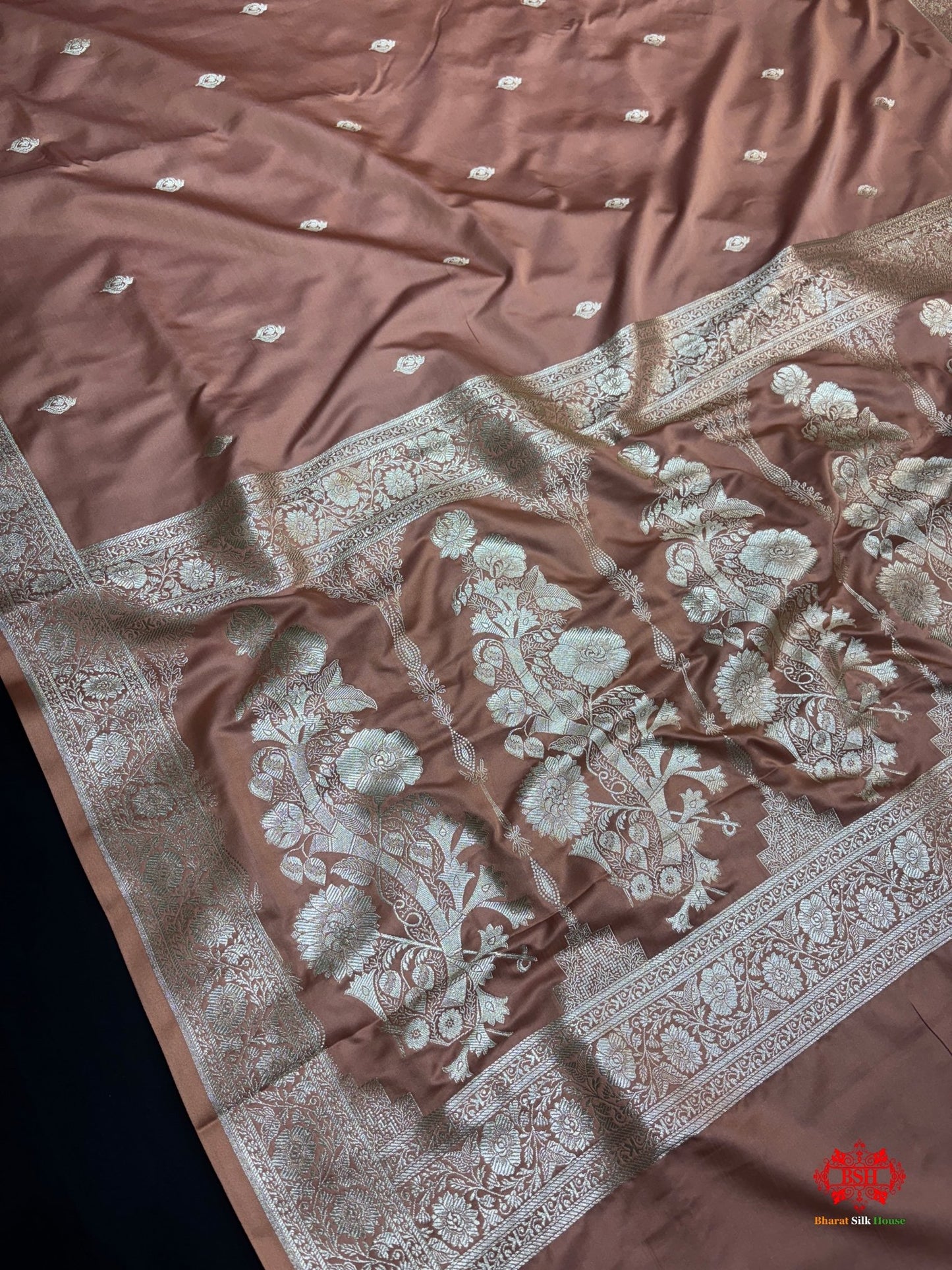 Coral Pink Mashru Silk All Over Booti With Jaal Blouse Design Saree - Bharat Silk House Mashroo Silk