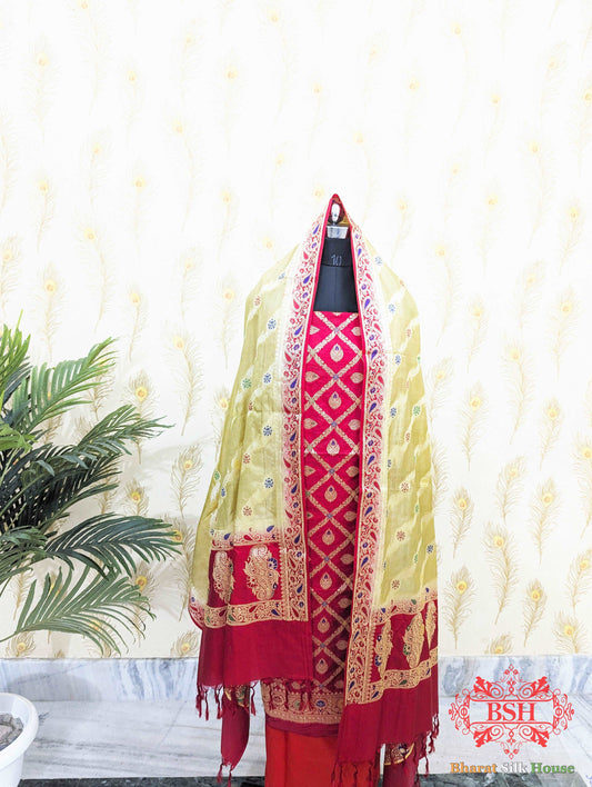 Crimson Red Banarasi Silk Unstitched Suit Set - Bharat Silk House