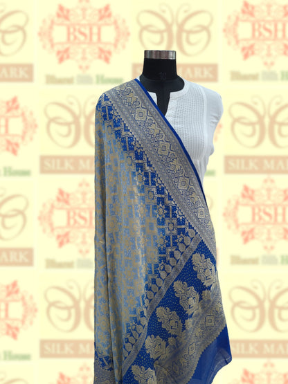 Double Shade Of Blue Georgette Banarasi Handloom Bandhani Dupatta - Bharat Silk House