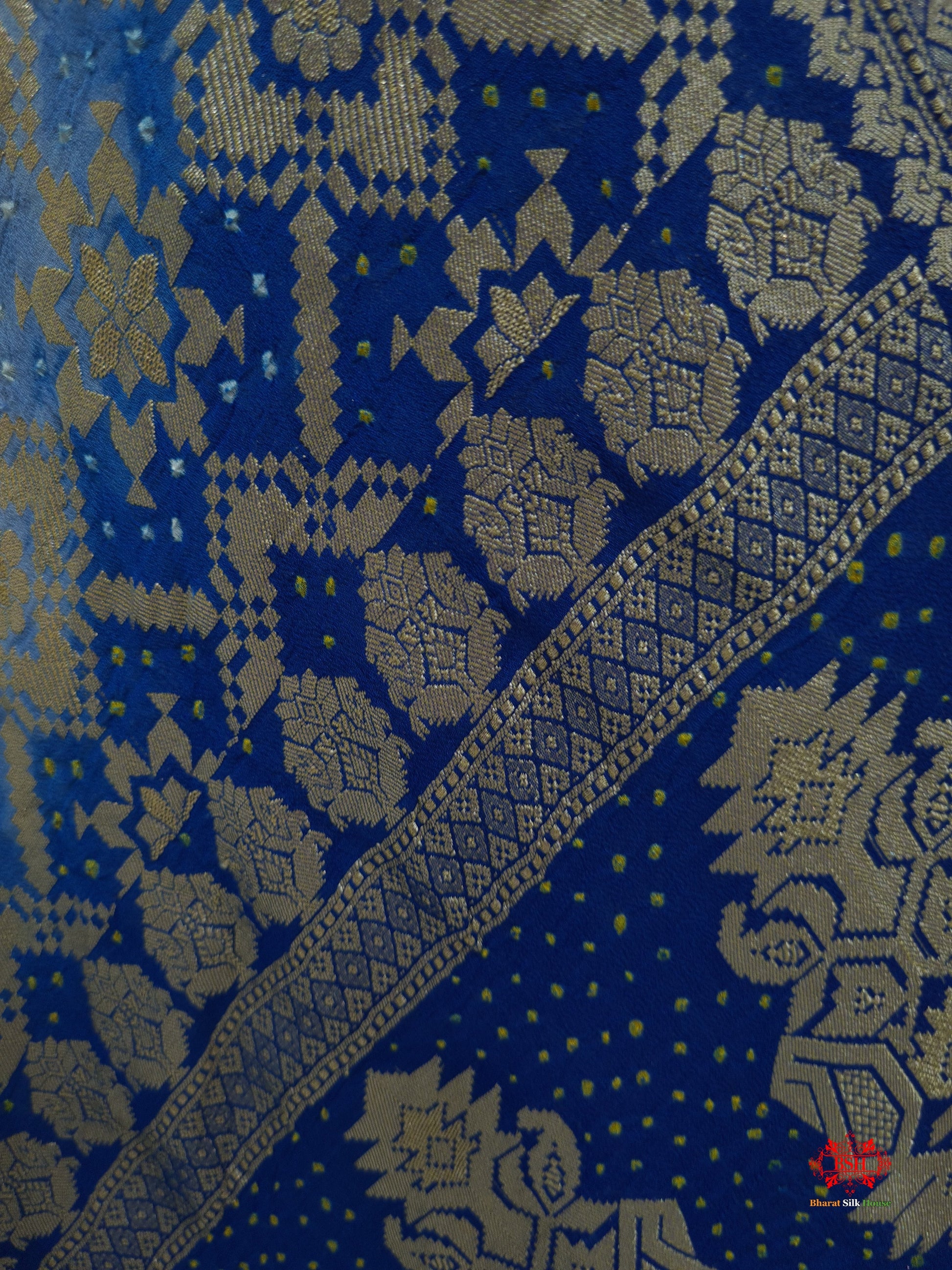 Double Shade Of Blue Georgette Banarasi Handloom Bandhani Dupatta - Bharat Silk House